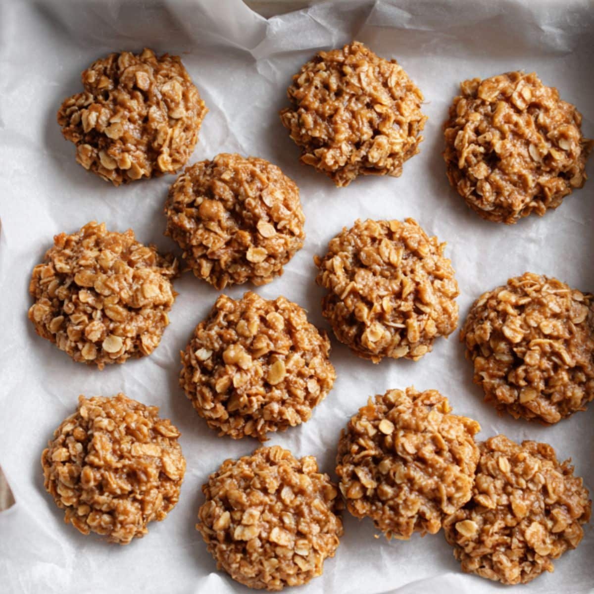 No bake peanut butter oatmeal cookies chilling on a tray before serving	