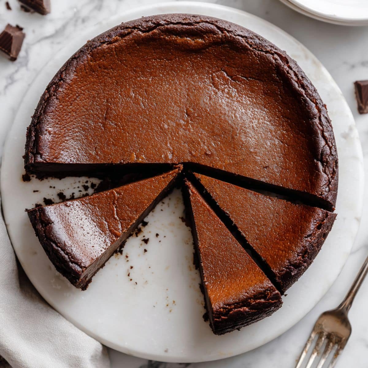 Overhead shot of Chocolate Basque Cheesecake with burnt top and a slice removed on a white counter