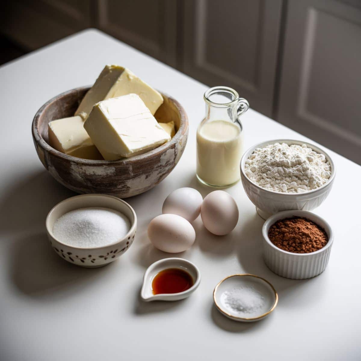 Overhead image of measured cheesecake ingredients arranged on a white kitchen counter