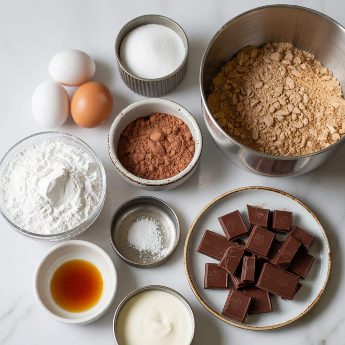Ingredients for chocolate macarons on a white surface	
