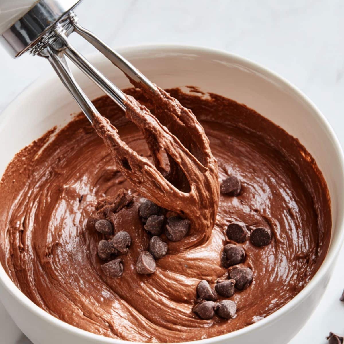 Chocolate batter being mixed with electric mixer	