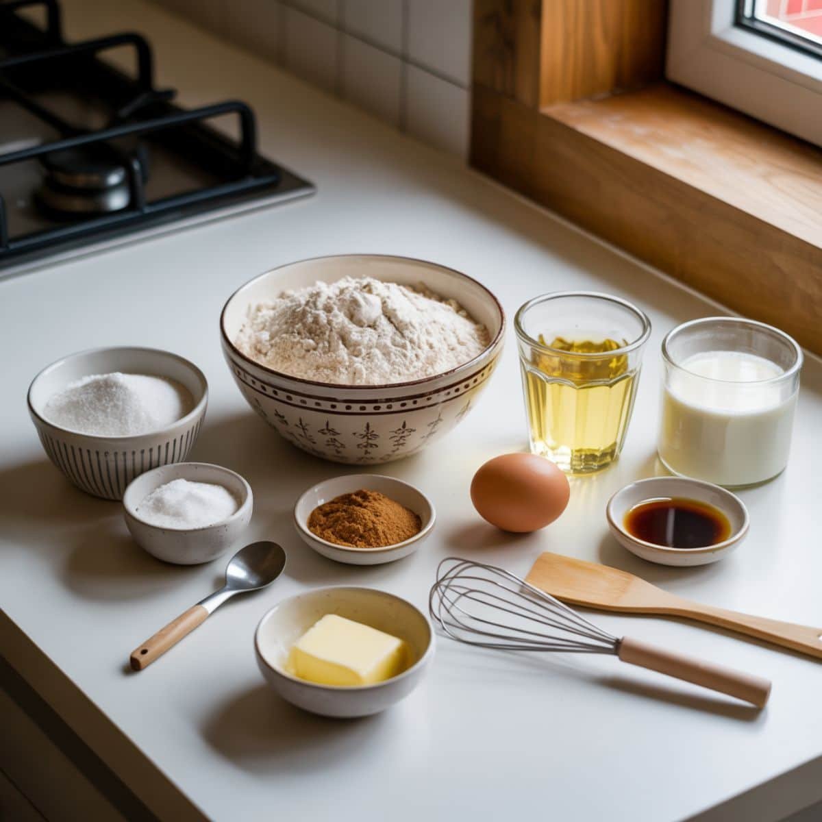 Measured ingredients for cinnamon muffins on white kitchen counter	