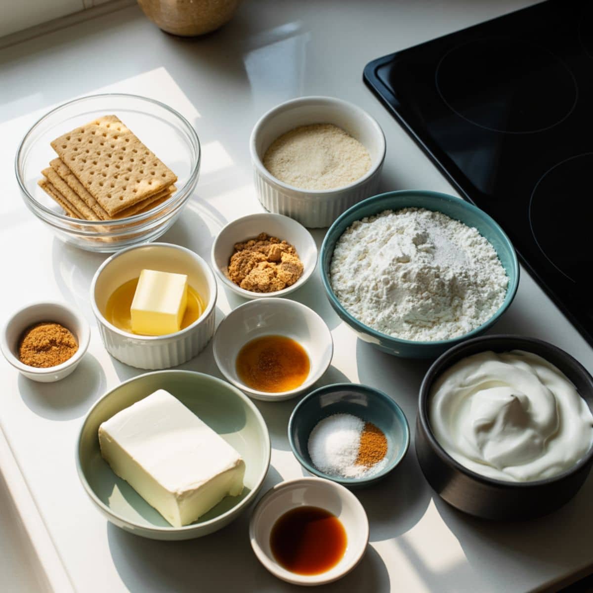 Measured ingredients for cinnamon roll cheesecake no bake laid out on a white kitchen counter	