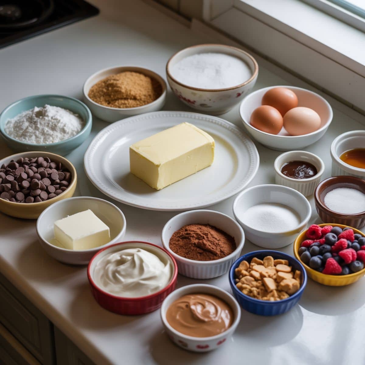 Ingredients for cookie cups laid out in bowls on a white surface	