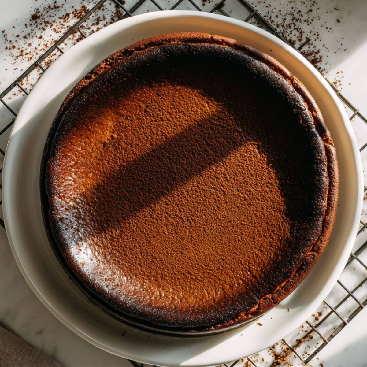 Chocolate Basque Cheesecake cooling with a slice plated beside it