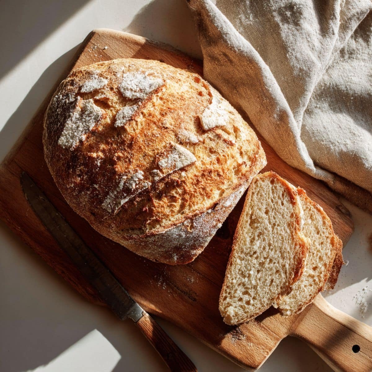 Freshly baked crusty Italian bread loaf sliced on a wooden board	
