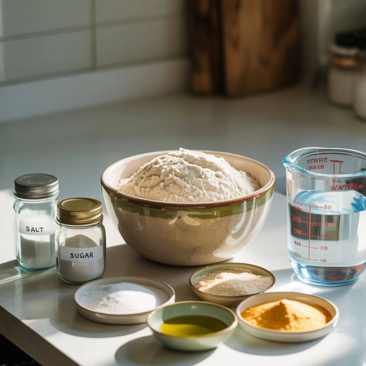 Top-down view of crusty Italian bread ingredients laid out	