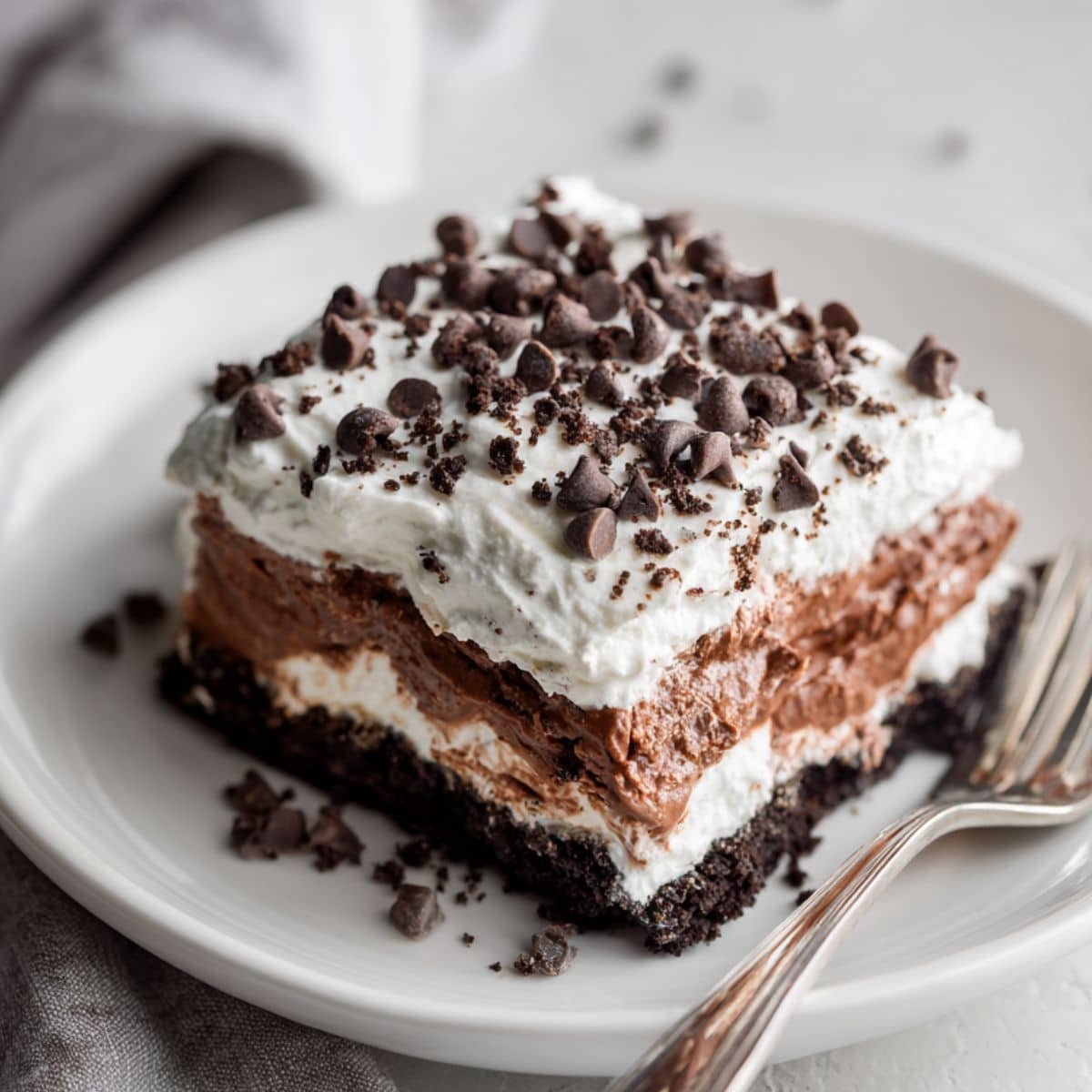 Chocolate lasagna slice on white plate	