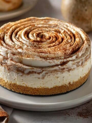 Homemade cinnamon roll cheesecake no bake with cinnamon swirl on top