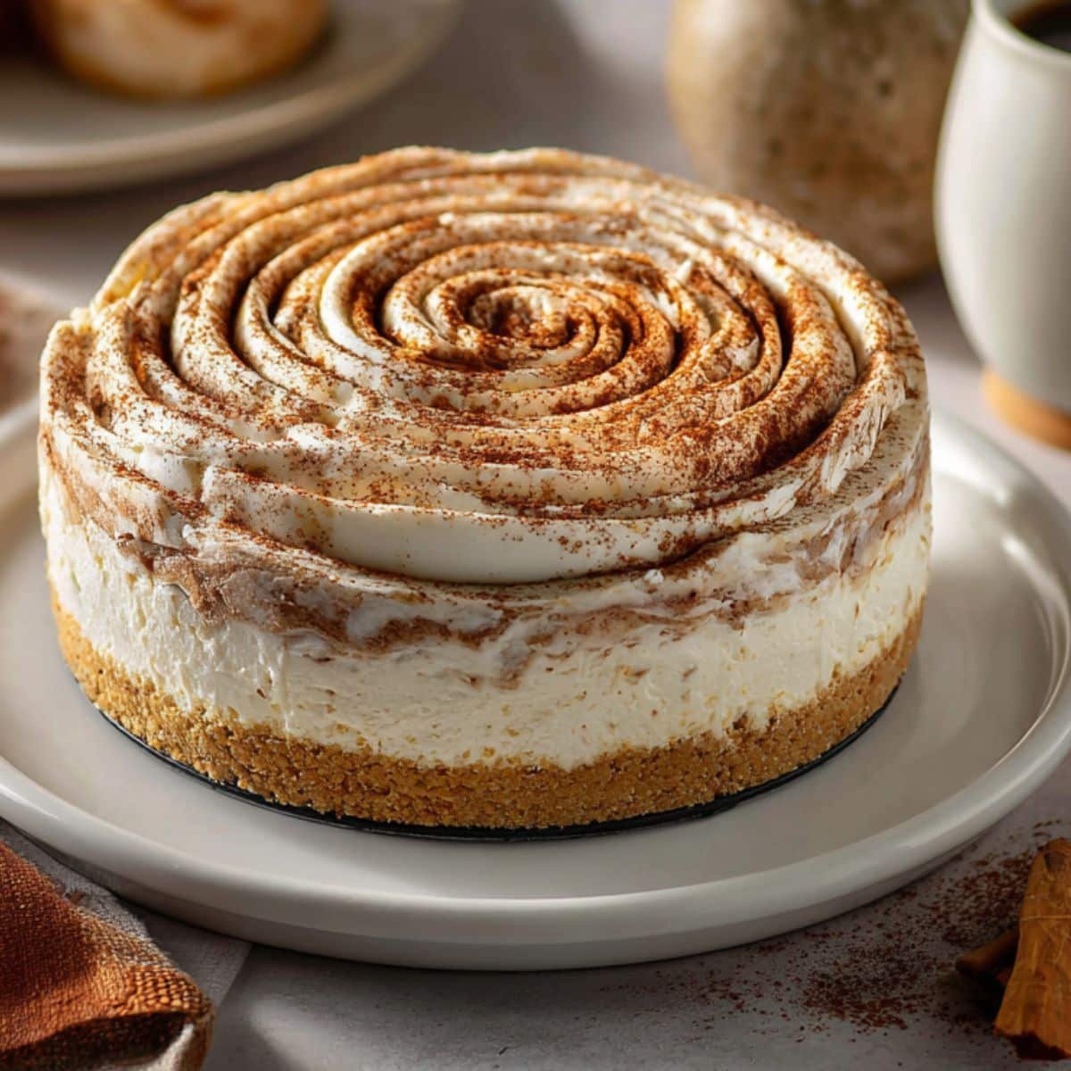 Homemade cinnamon roll cheesecake no bake with cinnamon swirl on top