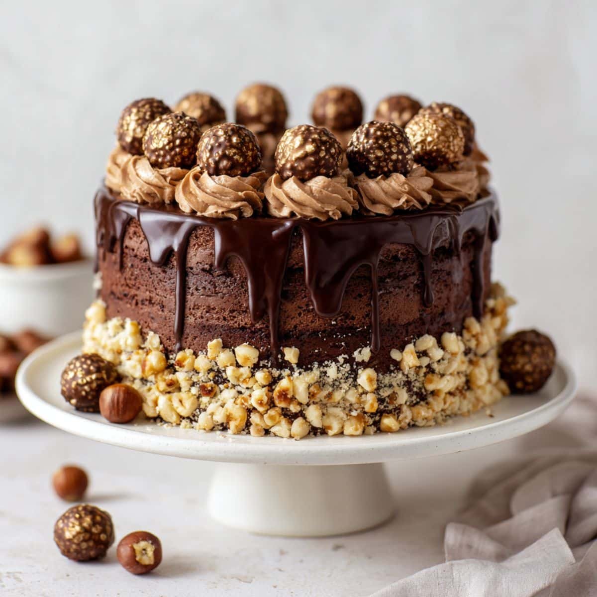 Homemade Ferrero Rocher cake with chopped hazelnuts and chocolate frosting on white cake stand	