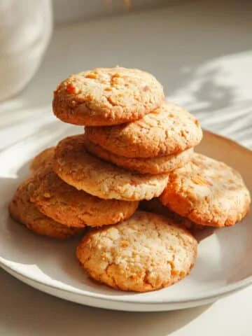 Stack of homemade peach cookies on white plate