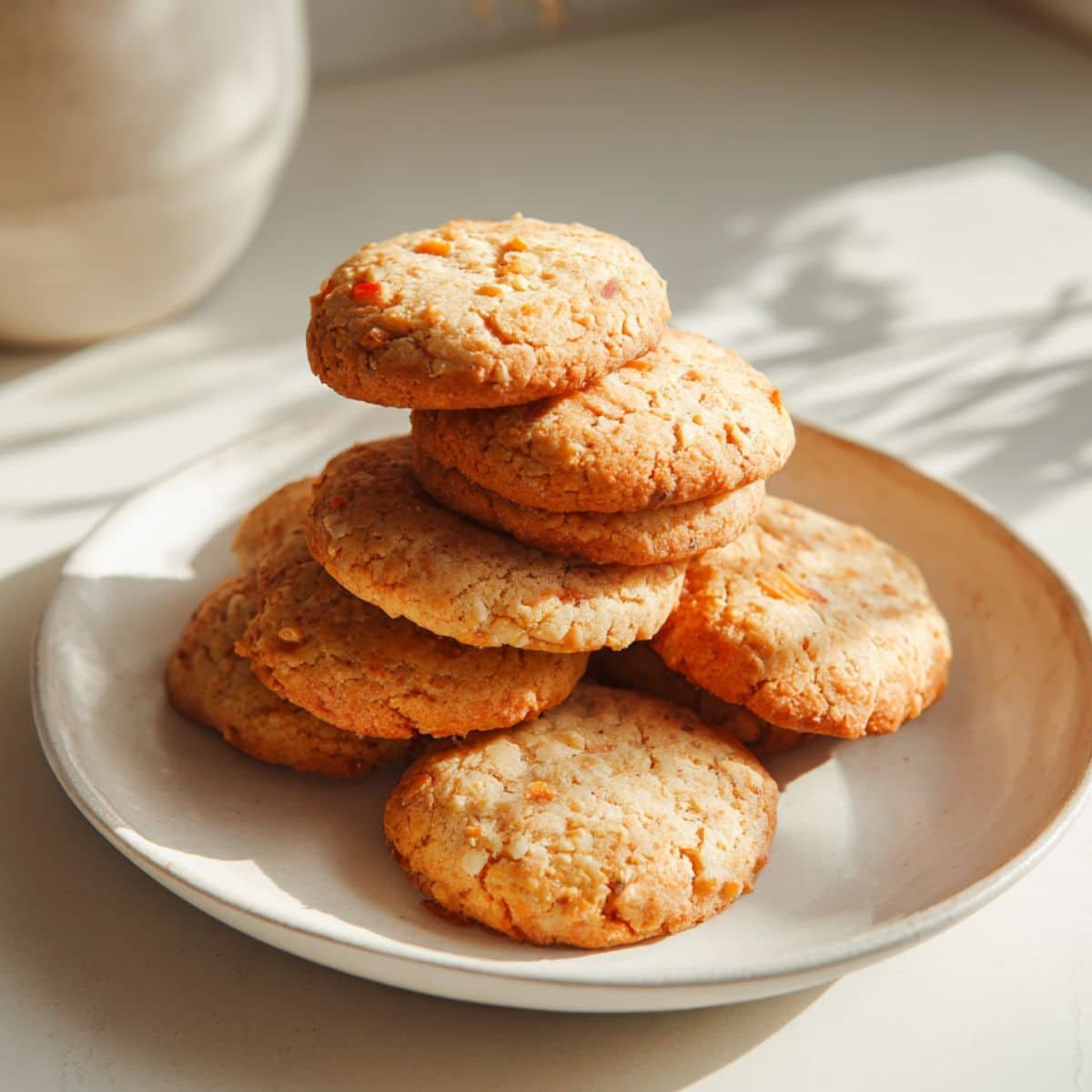 Stack of homemade peach cookies on white plate	
