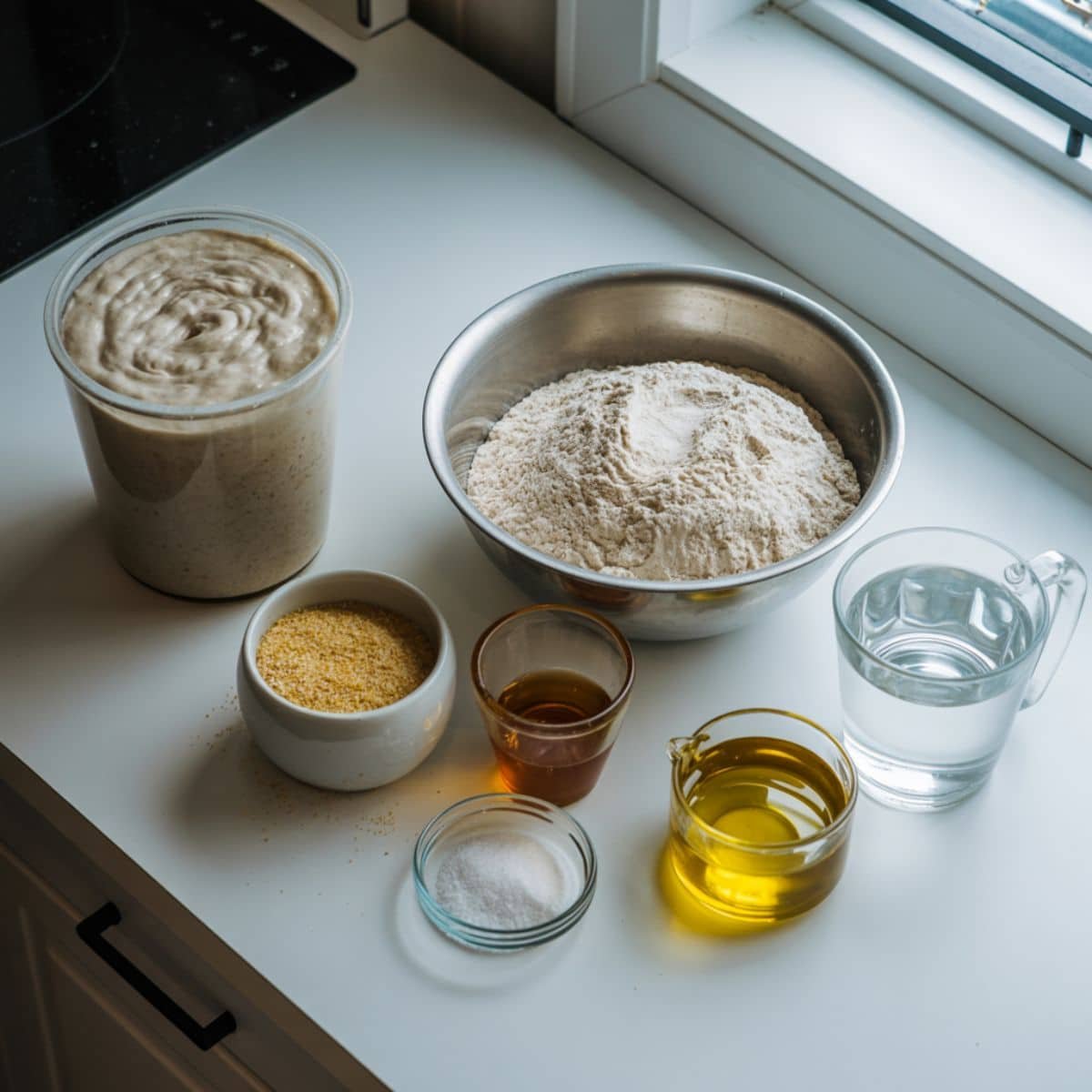 All ingredients for sourdough English muffin bread measured on counter
