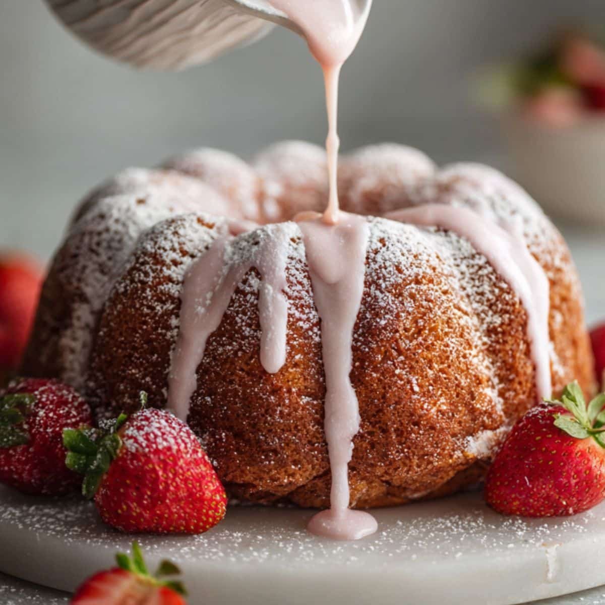 Strawberry pound cake on a white plate, drizzled with pink glaze, styled casually with fresh berries	