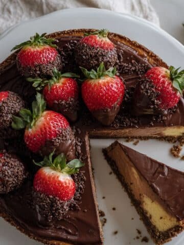 A slice of chocolate strawberry cheesecake on a white plate with the full cake in the background, topped with chocolate-covered strawberries