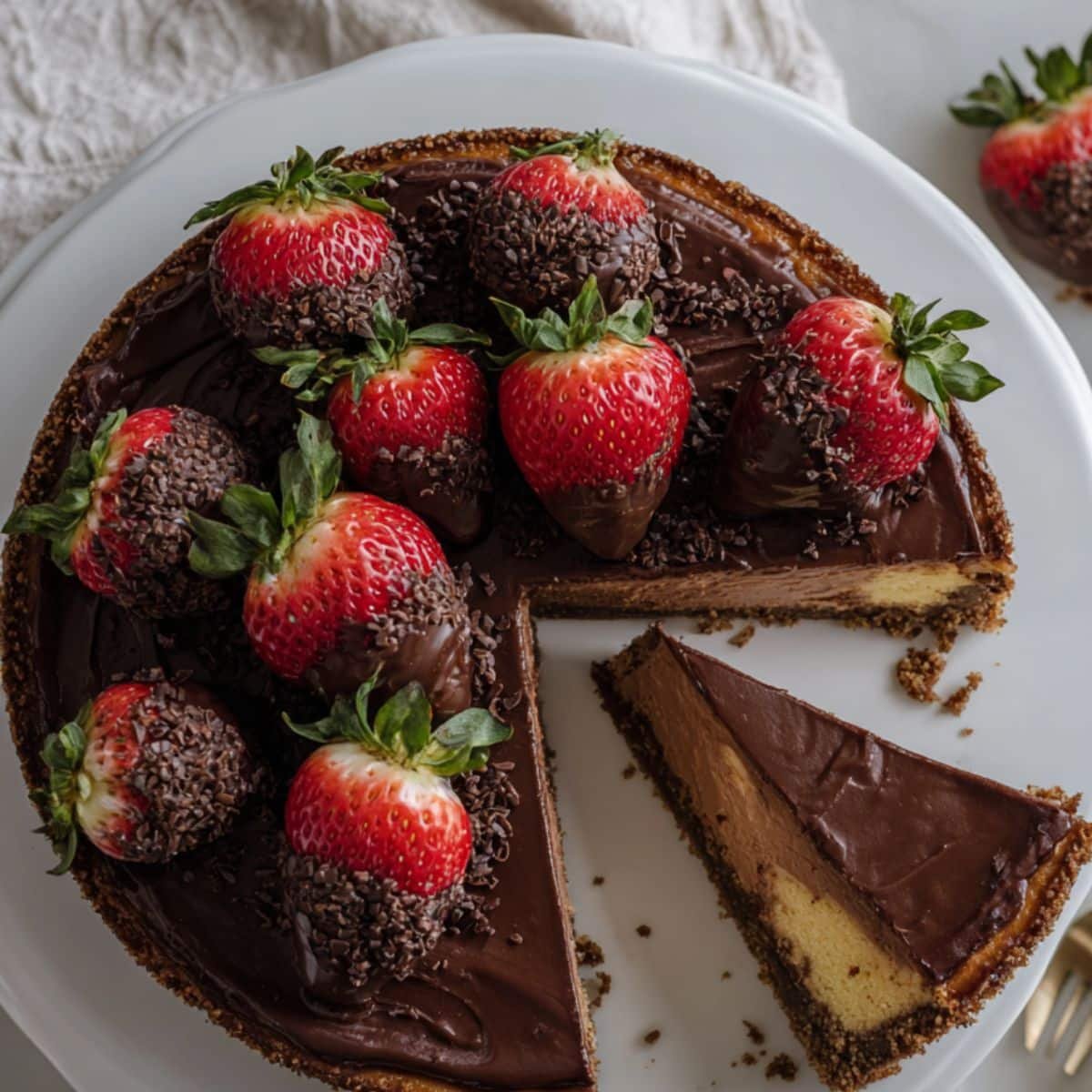 A slice of chocolate strawberry cheesecake on a white plate with the full cake in the background, topped with chocolate-covered strawberries	