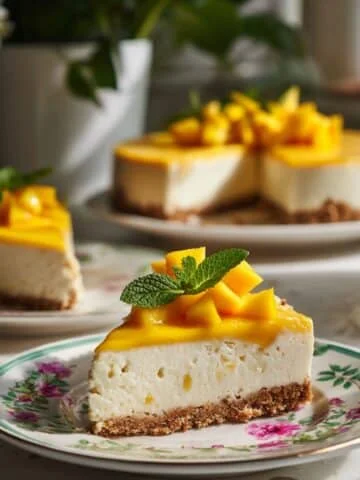 No bake mango cheesecake slices on plate