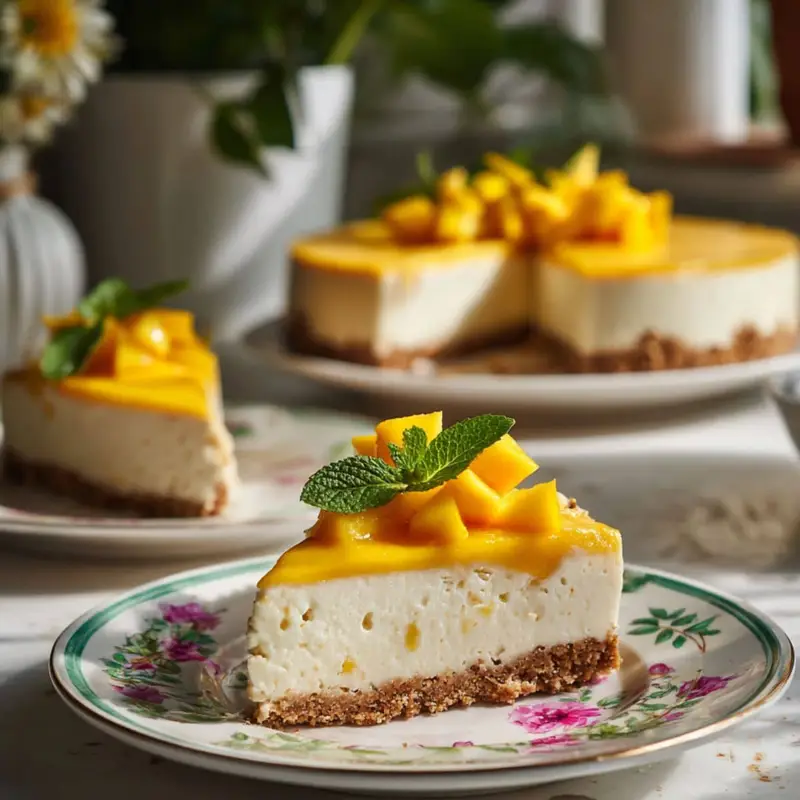 No bake mango cheesecake slices on plate	