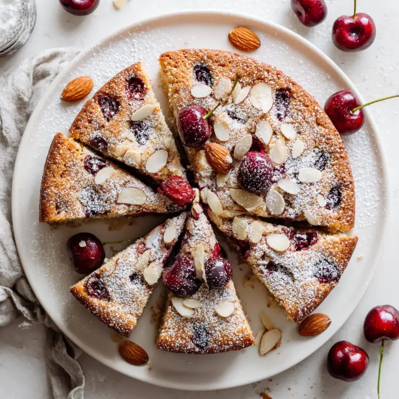 Cherry almond cake sliced on a white plate