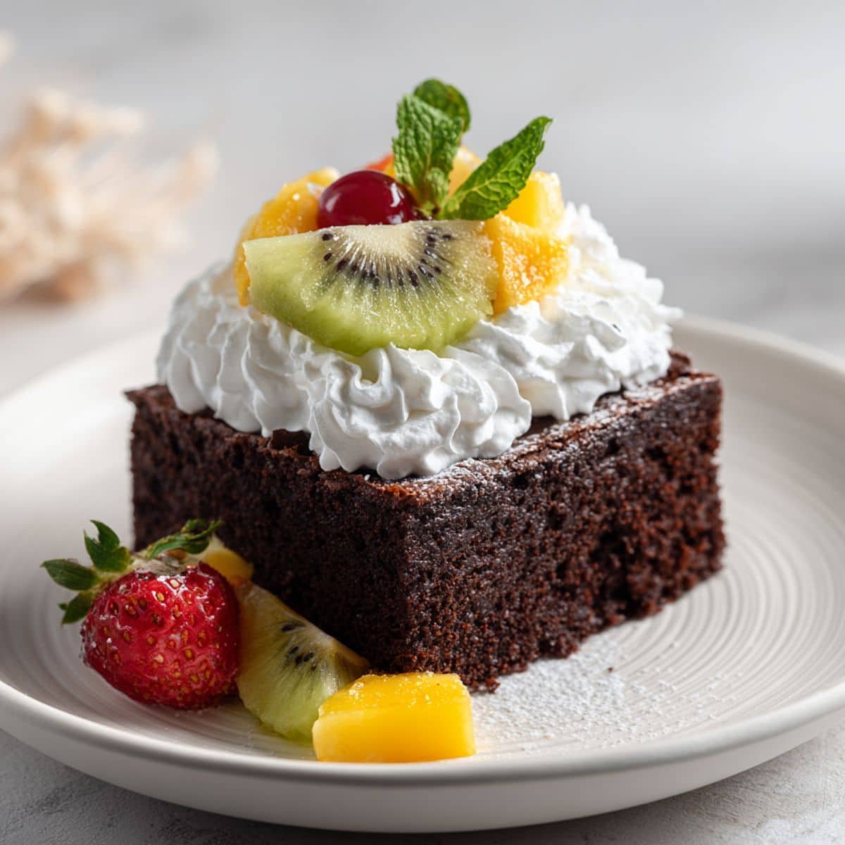 A homemade chocolate brownie cake slice with whipped cream and fruit	
