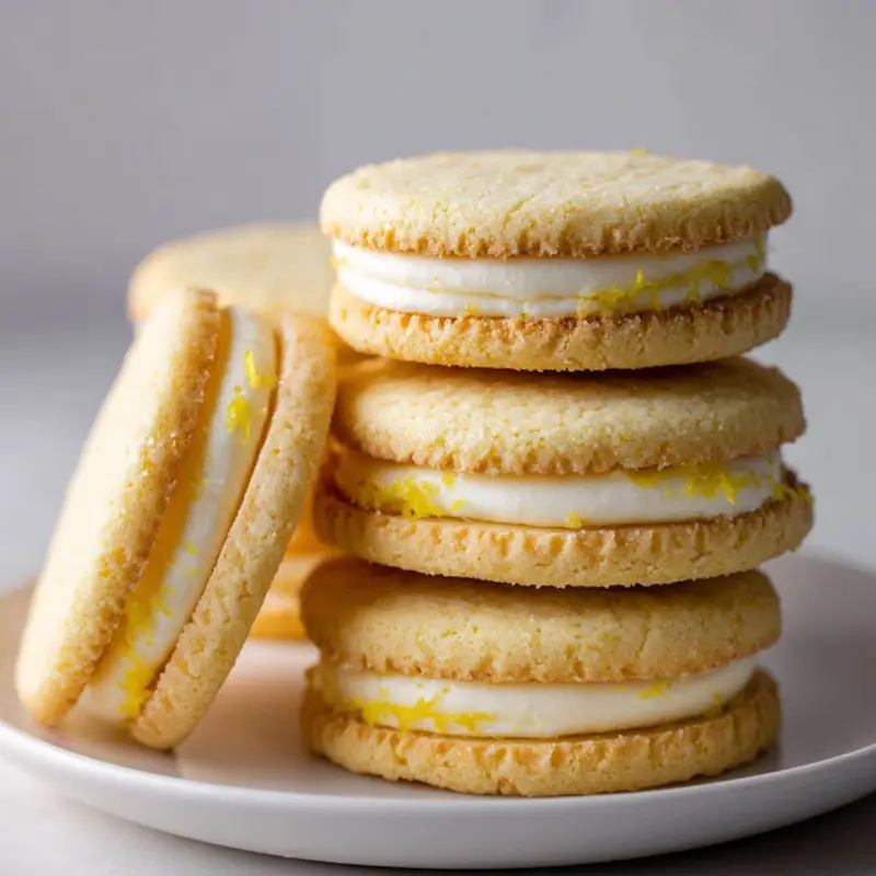 Stack of homemade lemon sandwich cookies	