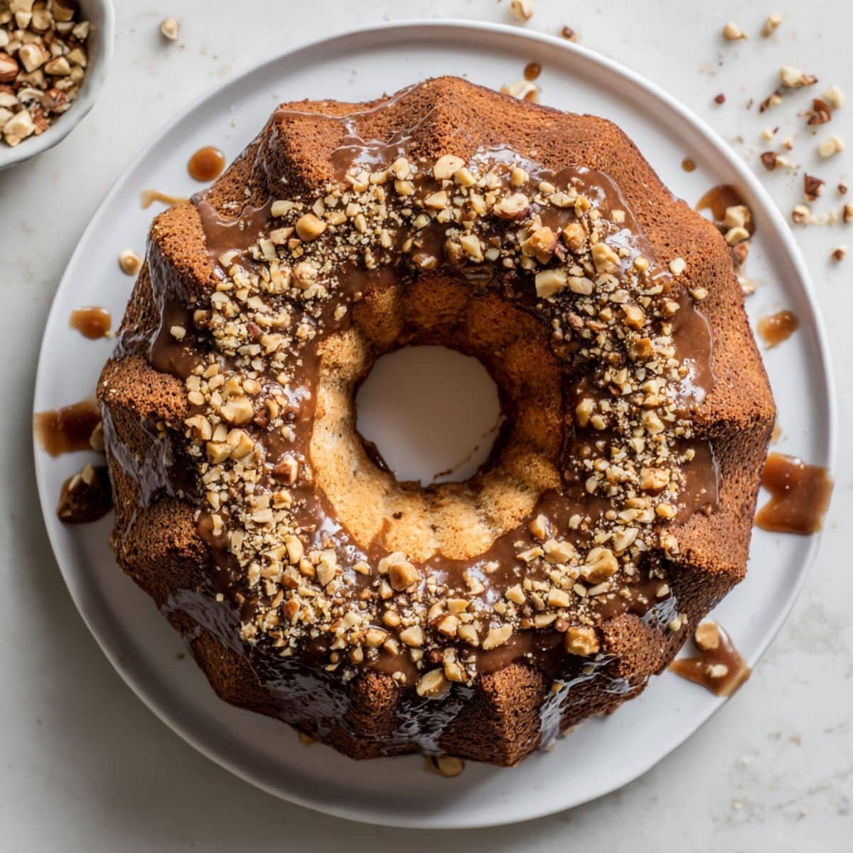 Homemade mocha chiffon cake with glossy coffee glaze and hazelnuts on a white plate	