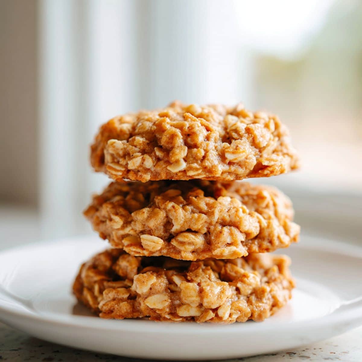 Close-up stack of soft, chewy no bake peanut butter oatmeal cookies on a white kitchen counter	