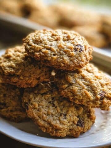 Homemade oatmeal raisin chocolate chip cookies stacked on a white plat