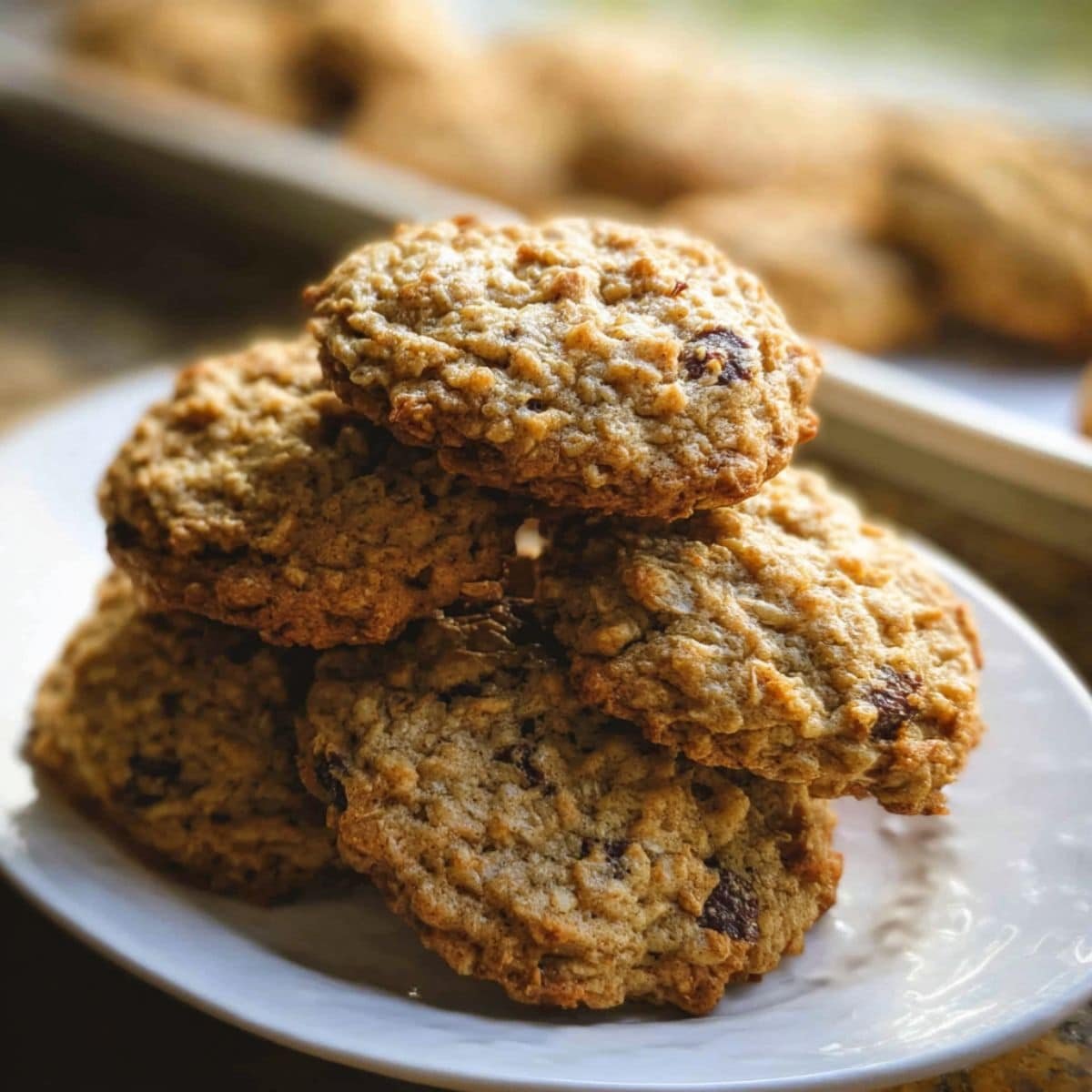 Homemade oatmeal raisin chocolate chip cookies stacked on a white plat
