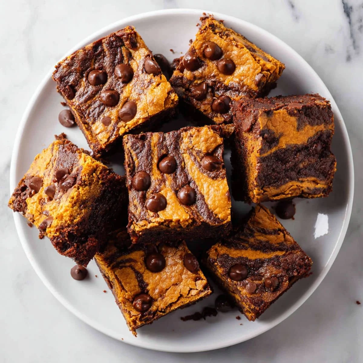 Homemade pumpkin brownies recipe with chocolate chips on a white plate	