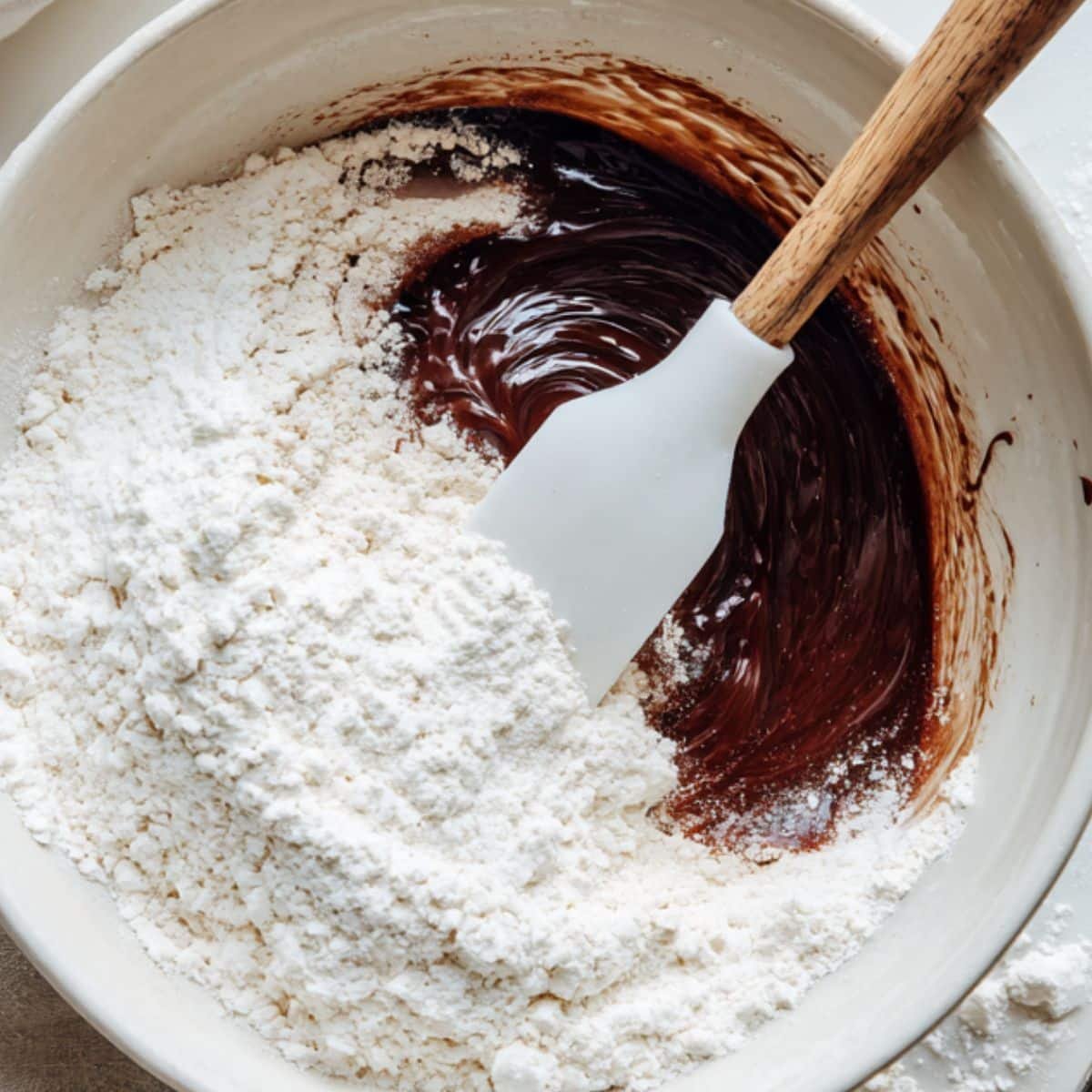 Folding flour into Nutella and egg mixture in a white bowl	