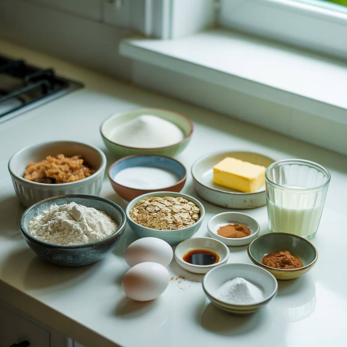 Baking ingredients for frosted oatmeal cookies arranged on a white counter