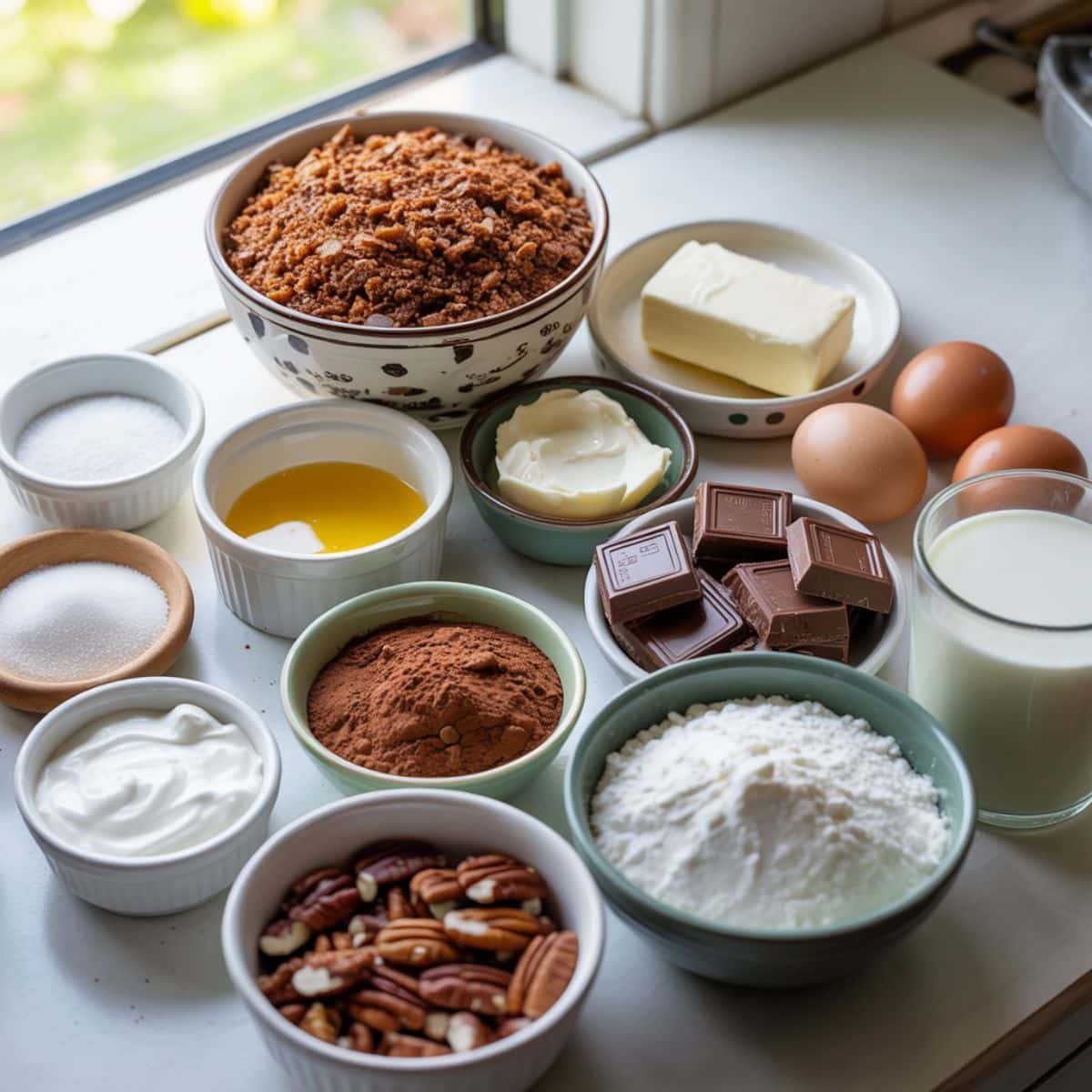 All ingredients for a German chocolate cheesecake laid out on a white kitchen counter.	