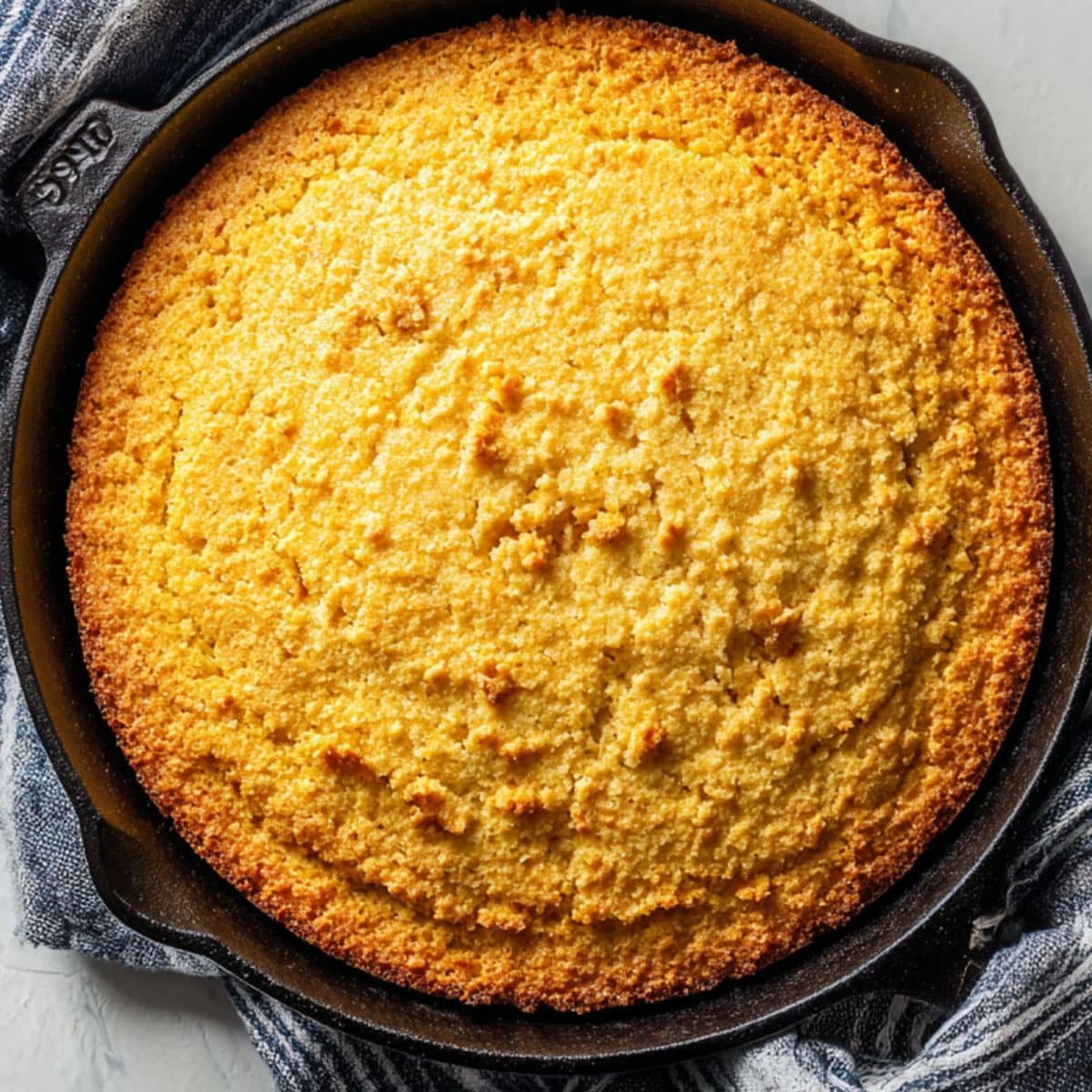 Golden cornbread just out of the oven cooling in the skillet