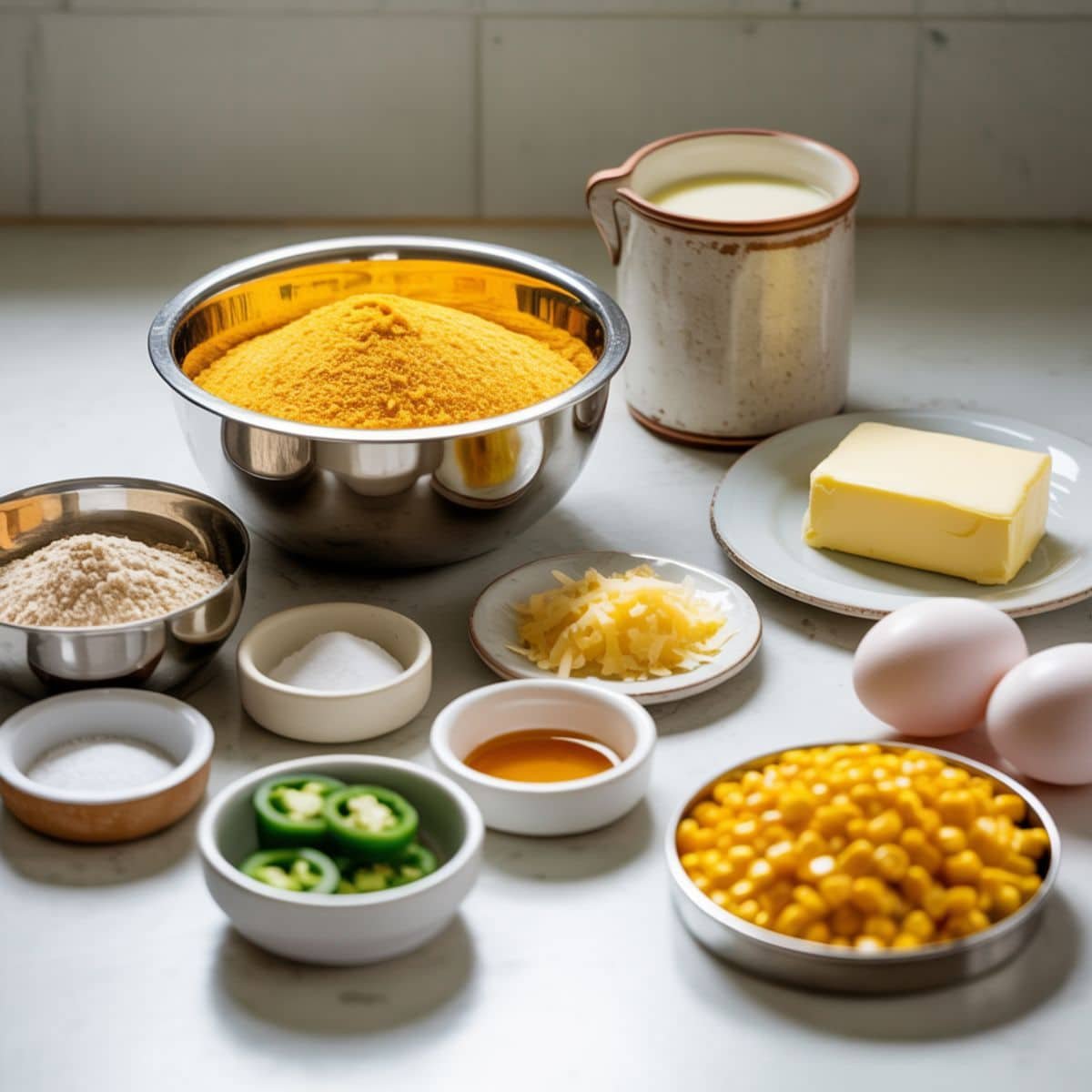 All ingredients for gluten-free cornbread laid out casually on a kitchen counter	
