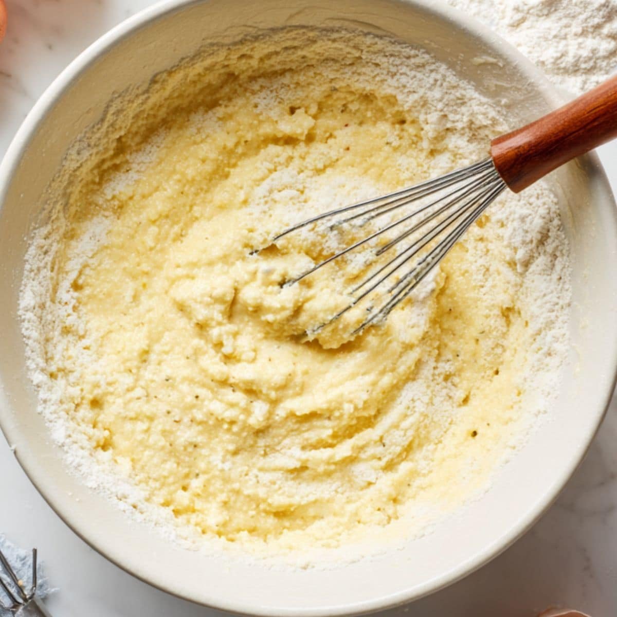 Dry and wet ingredients being whisked separately, then folded together
