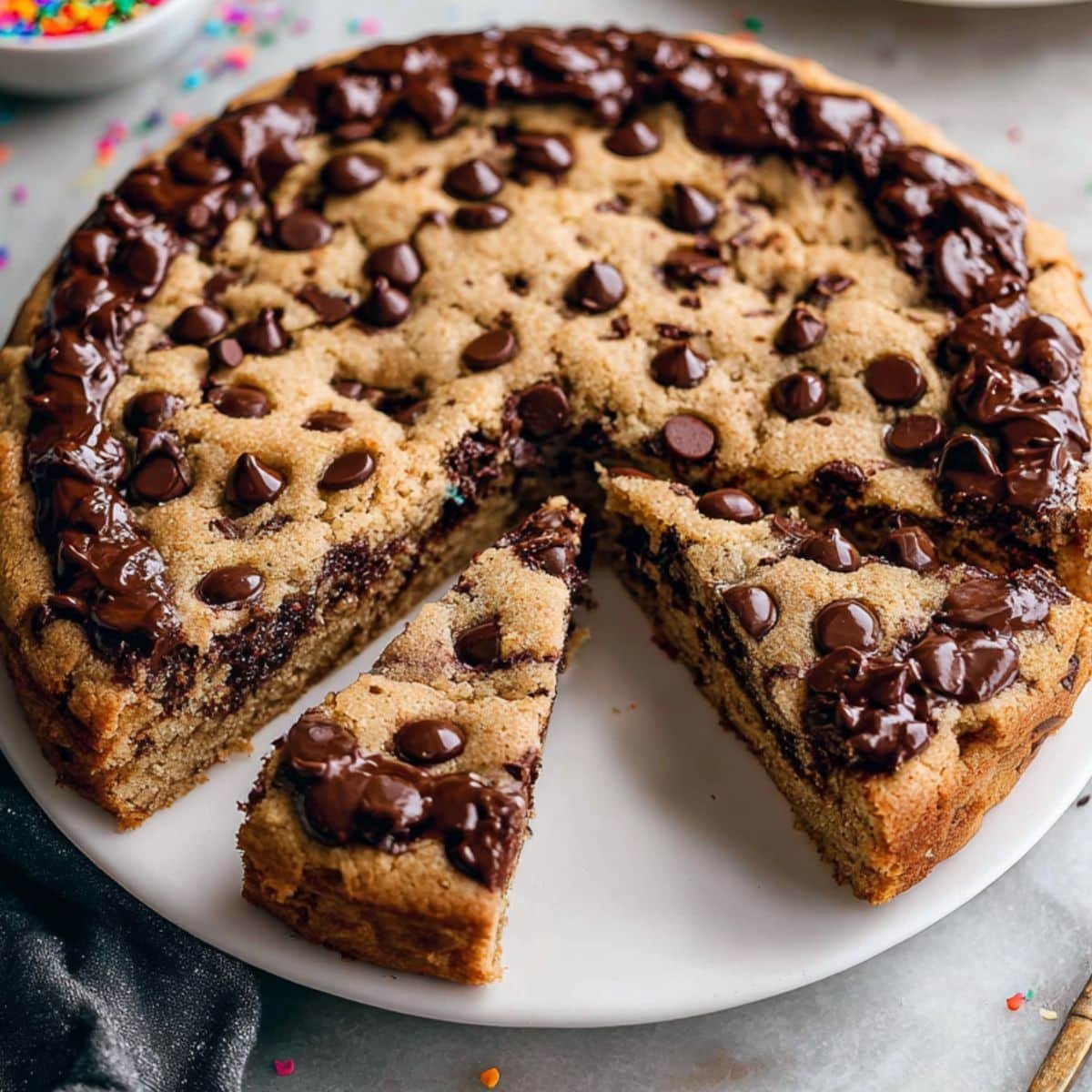 Giant chocolate chip cookie cake sliced	
