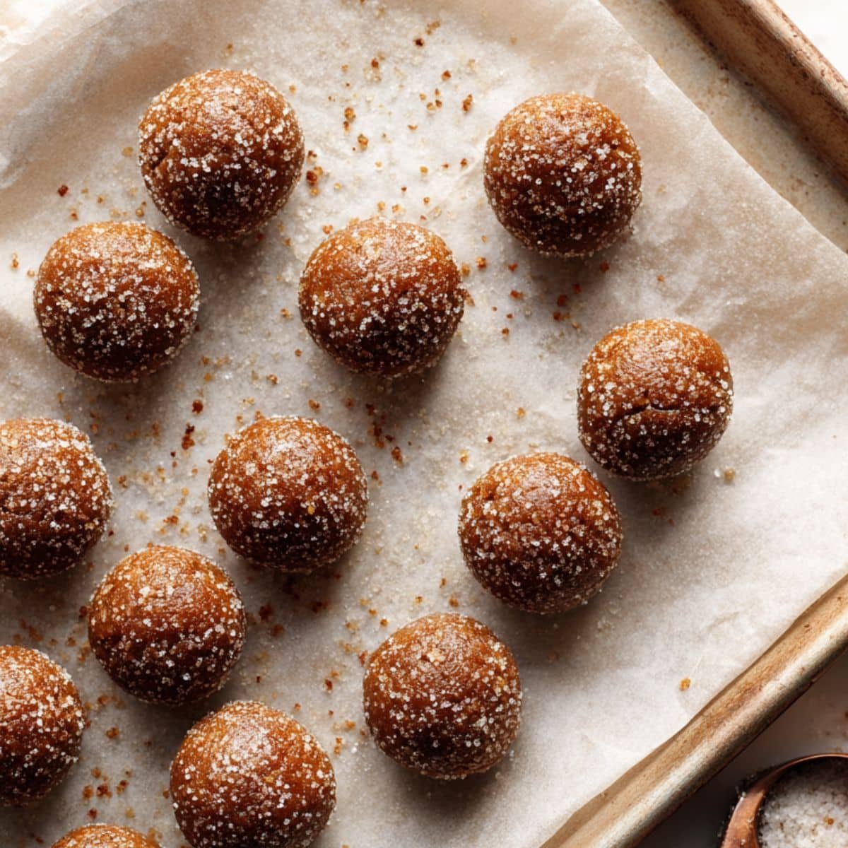 Cookie dough balls on baking sheet