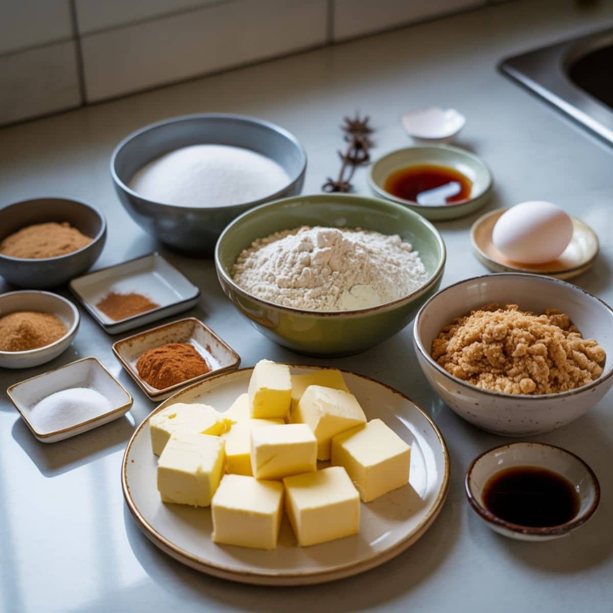 All ginger molasses cookie ingredients on white counter
