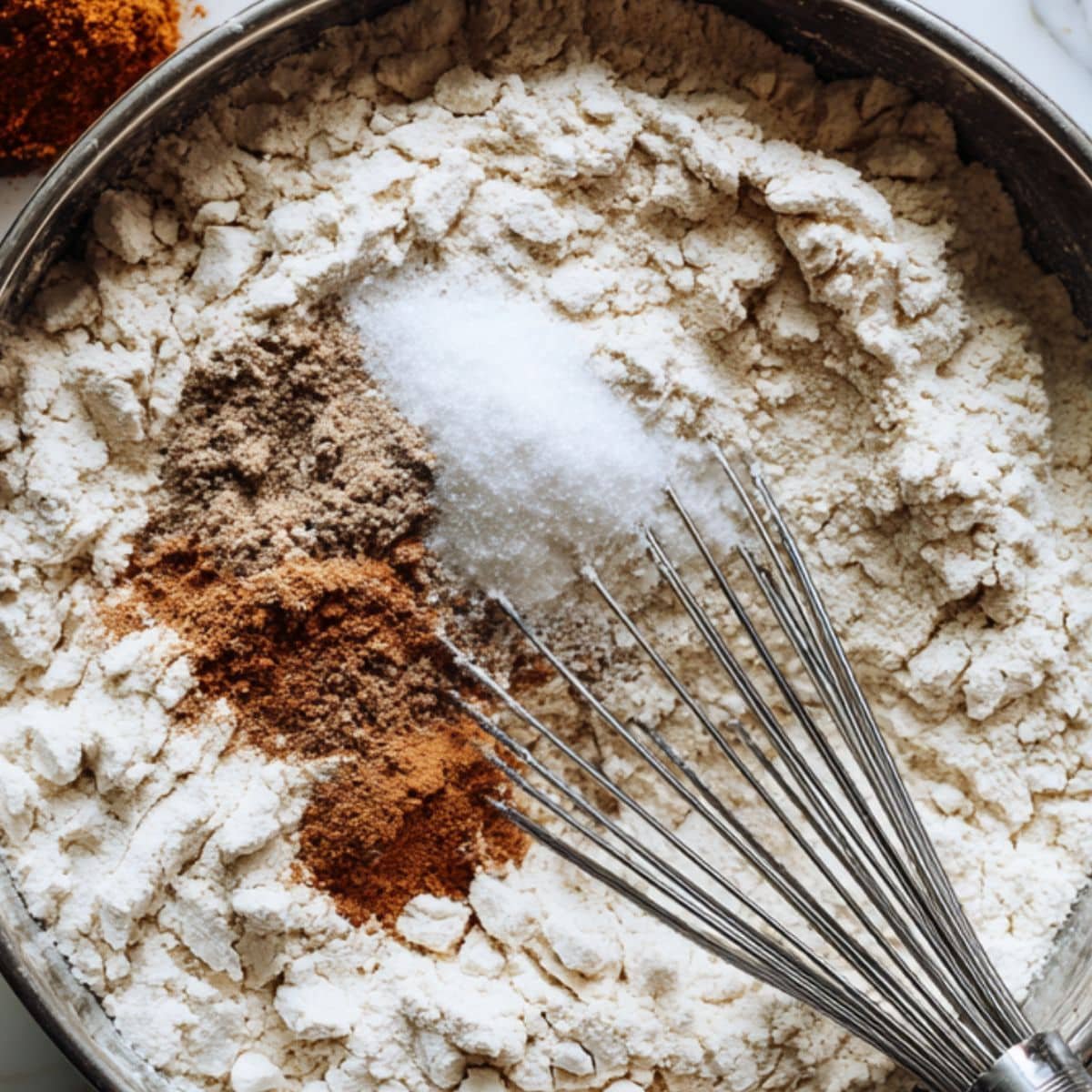 Spices and flour in a mixing bowl
