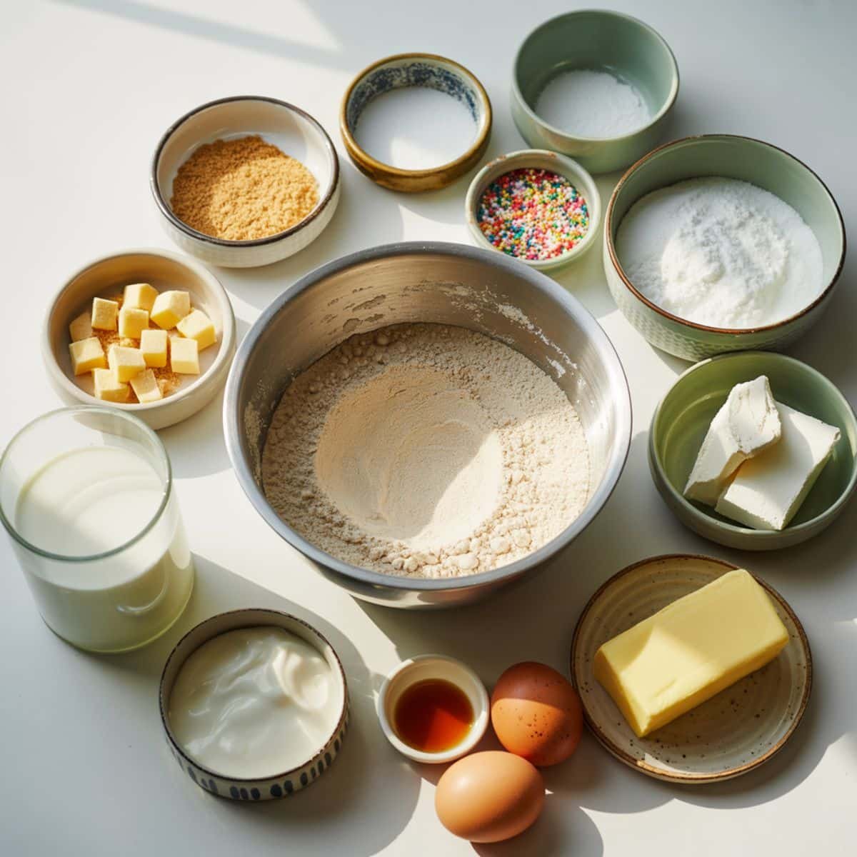All ingredients for gluten free funfetti cake arranged on a white kitchen counter	