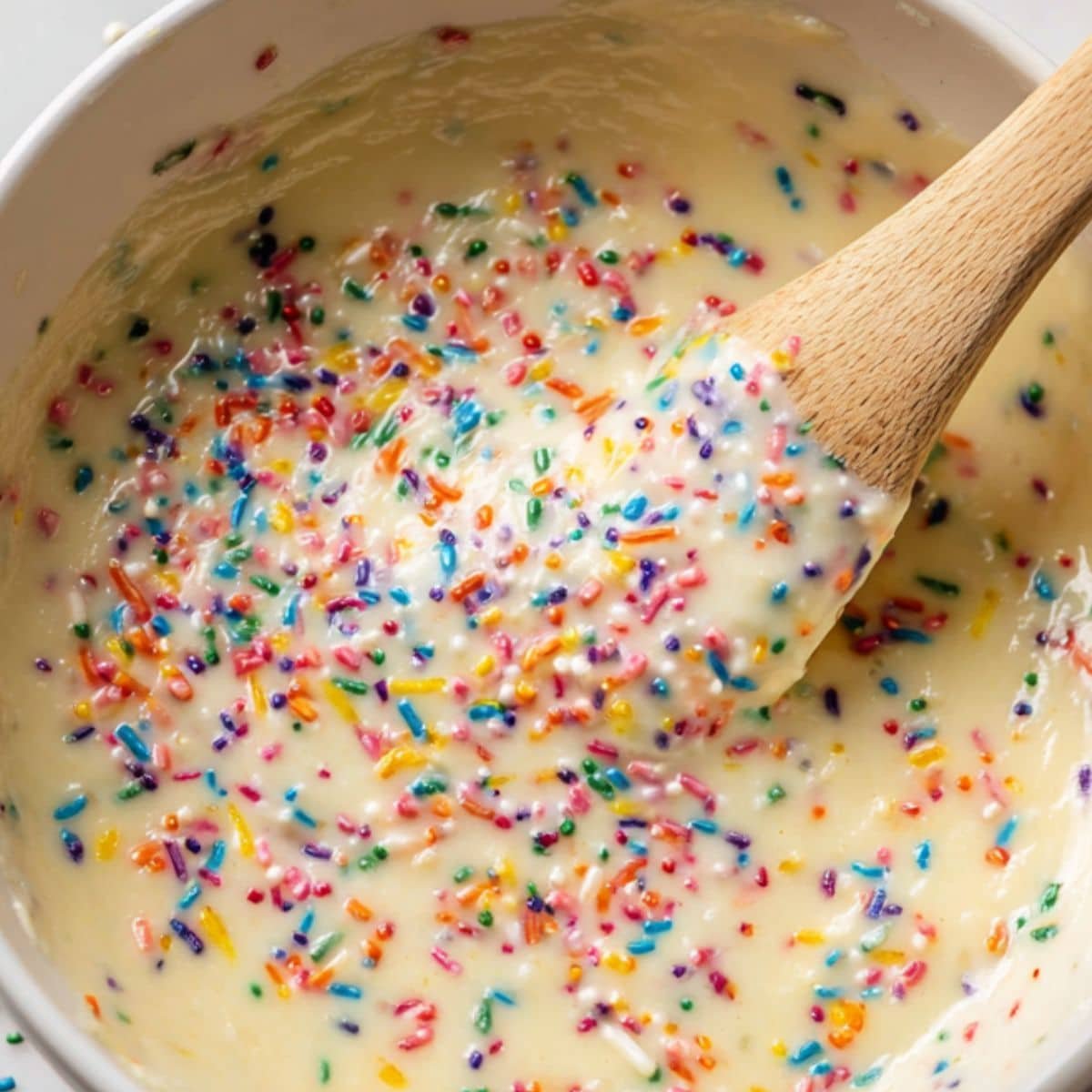 Sprinkles folded into cake batter in a white bowl on kitchen counter	