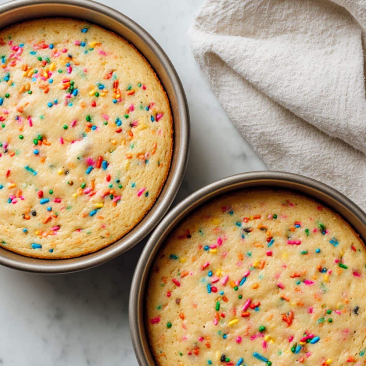 Gluten free funfetti cake baking in round pans inside oven with sprinkles visible	