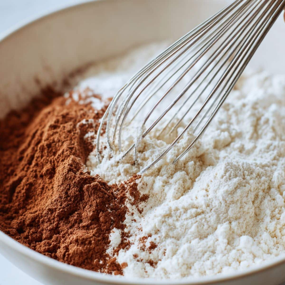 Dry ingredients for muffins being whisked in a large bowl	