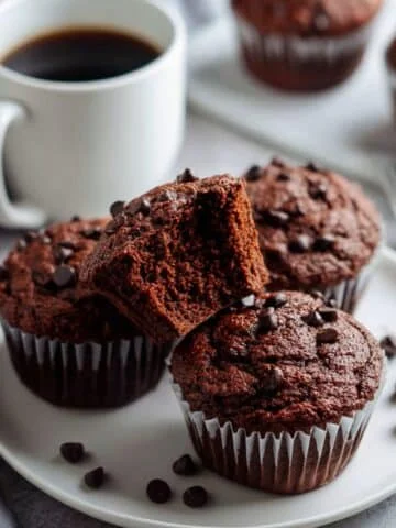Stacked healthy chocolate muffins with a bite taken from top muffin