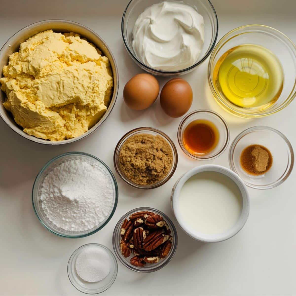 Honey bun cake ingredients laid out on a white countertop	
