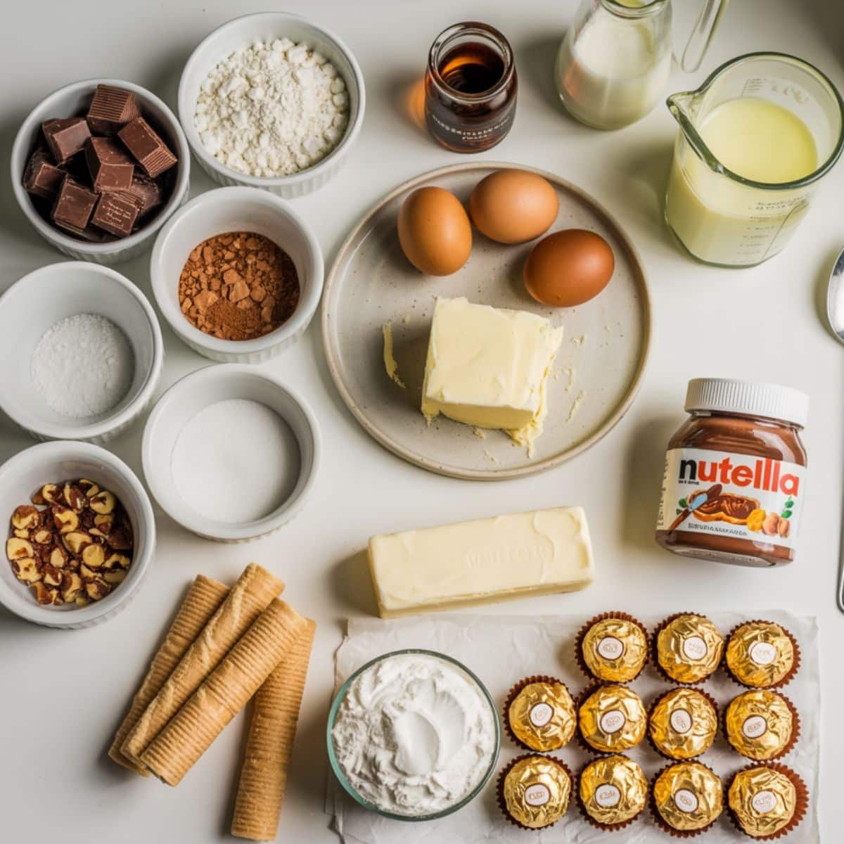 All Ferrero Rocher cake ingredients arranged on a white kitchen counter in recipe order