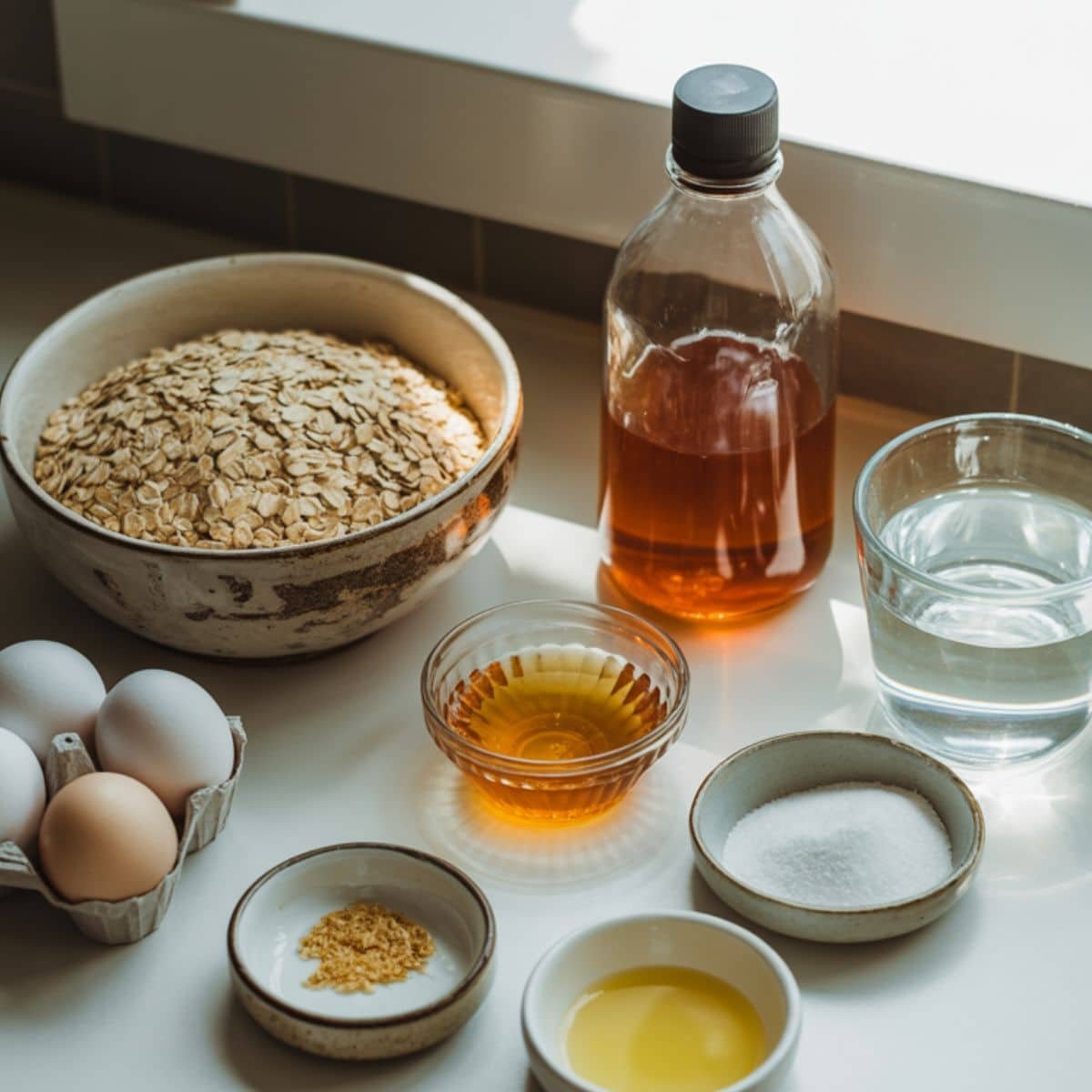 Flat lay of ingredients for oatmeal flour bread on a white countertop	