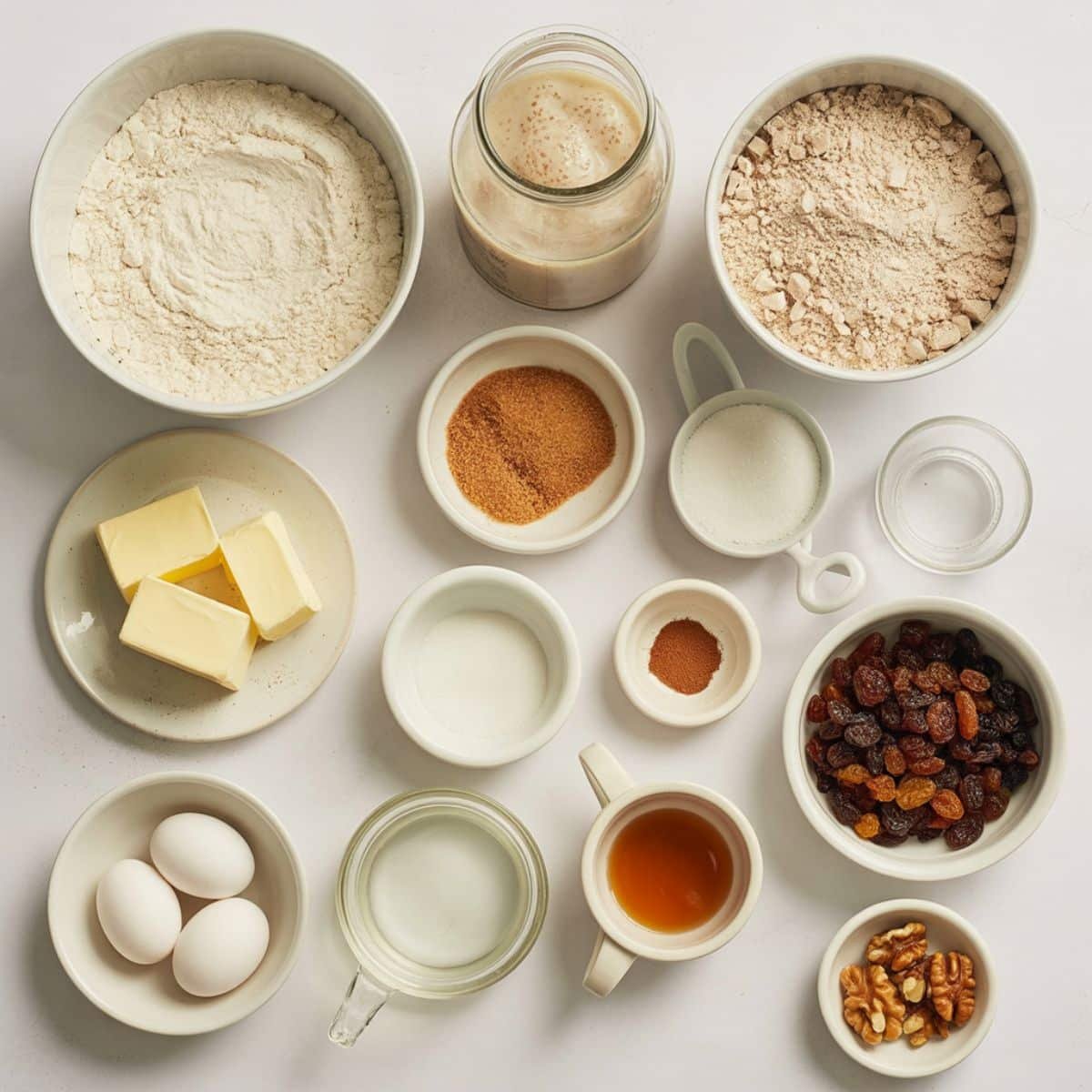Flat lay of all ingredients for sourdough cinnamon bread	